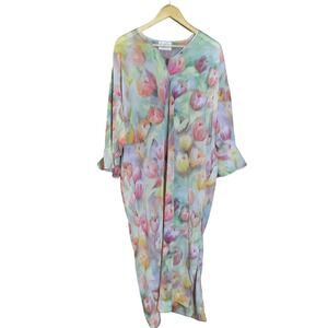 Mary McFadden Womens Water Color Caftan Sheer Flowy Ruffle Cuffs Slit Side